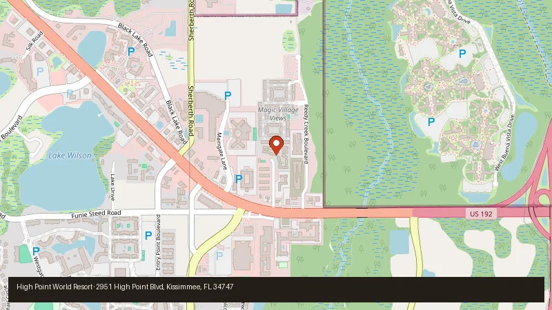 Map of High Point World Resort at 2951 High Point Boulevard near US 192 and Reedy Creek Boulevard, Kissimmee
